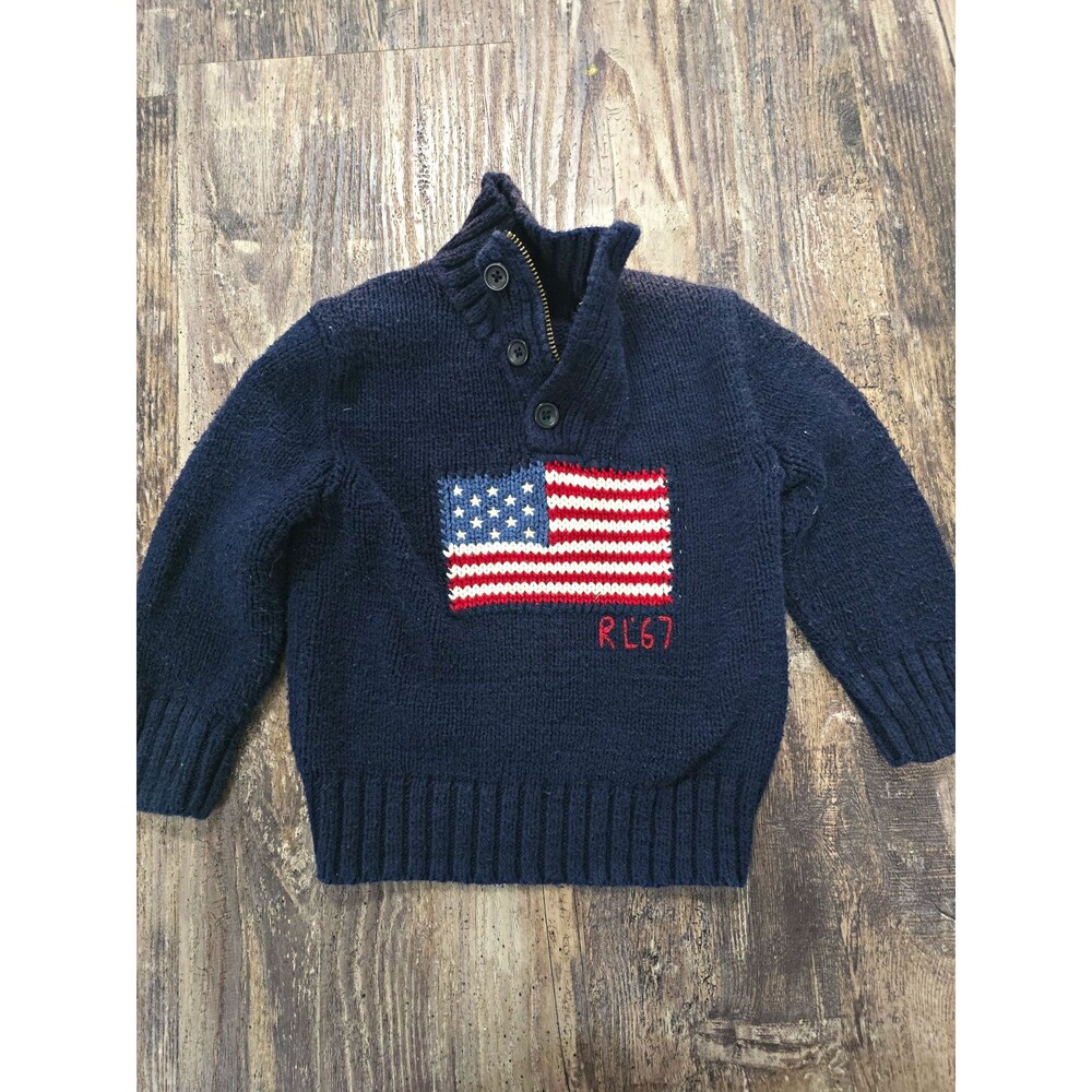 Polo Ralph Lauren Navy Cotton Knit Flag Pullover Sweater Mock Neck 2T